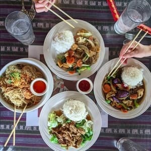 Birds eye view of thai food at pdthai